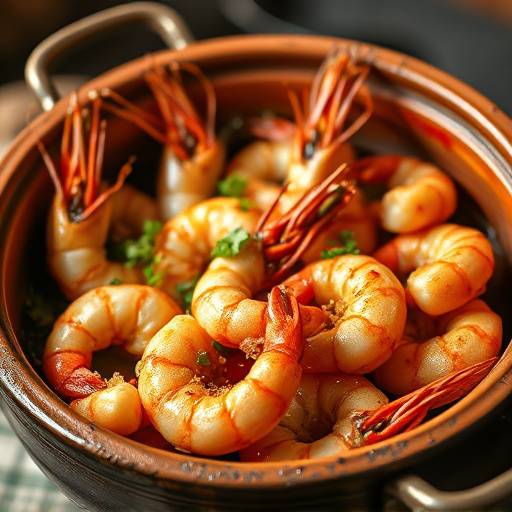 Gambas al Ajillo servidas en una cazuela de barro