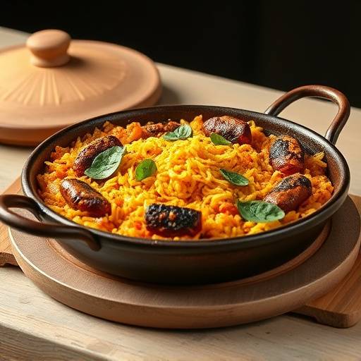 Paella valenciana servida en un plato tradicional de barro