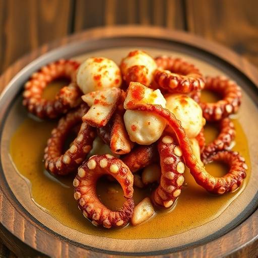 Pulpo a la gallega servido en un plato de madera
