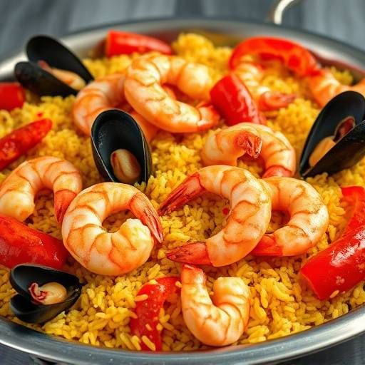 Un plato de paella de mariscos, mostrando arroz dorado cocido a la perfecci&oacute;n con camarones, mejillones, calamares y pimientos rojos.