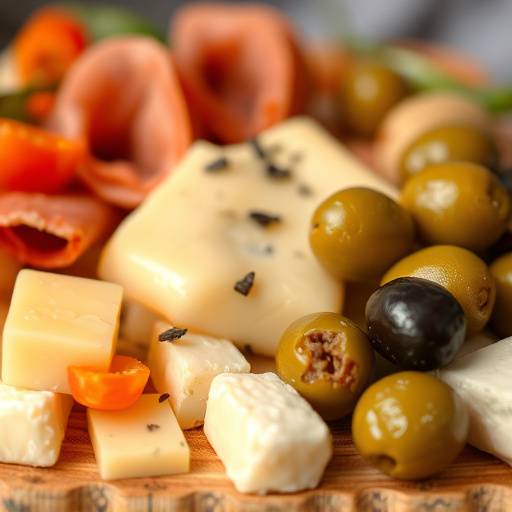 Un primer plano de un plato de tapas variadas, que incluye jam&oacute;n ib&eacute;rico, queso manchego, aceitunas y pimientos de Padr&oacute;n.